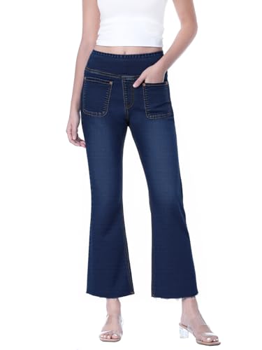 Chasehot Jeans Damen,Pull On High Waist Flare Jeans Cropped Denim Hose Mit 4 Taschen,7/8 Hose Damen Sommer,Altblau-S von Chasehot