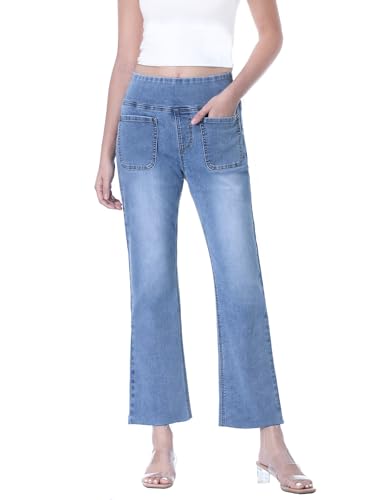 Chasehot Jeans Damen,Pull On High Waist Flare Jeans Cropped Denim Hose Mit 4 Taschen,7/8 Hose Damen Sommer,Hellblau-XL von Chasehot