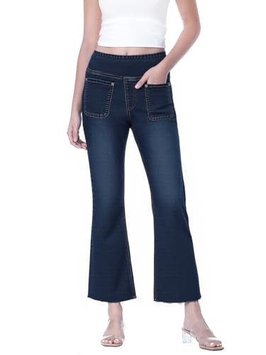 Chasehot Jeans Damen,Pull On High Waist Flare Jeans Cropped Denim Hose Mit 4 Taschen,7/8 Hose Damen Sommer,Dunkelblau-XXL von Chasehot