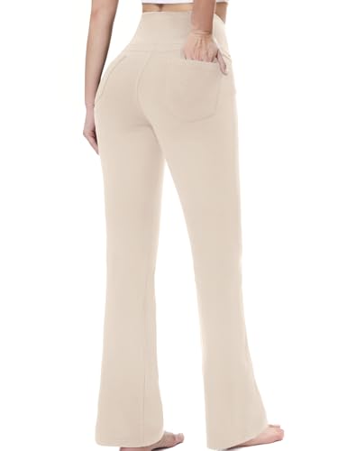 Chasehot Bootcut Yogahose Damen, High Waist Lange Schlaghose Leggings Stretch Mit 4 Taschen Flared Jogginghose Sporthose Für Gym Fitness Alltag,khaki-XL-31 von Chasehot