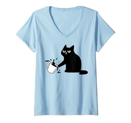 Damen Lustige Katze Sarkastisch Stimmung Blasée Umkehrende Tasse Kaffee T-Shirt mit V-Ausschnitt Damen Lustige Katze Sarkastisch Stimmung Blasée Umkehrende Tasse Kaffee T-Shirt mit V-Ausschnitt von Chat Drôle Humour Sarcastique
