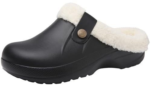 ChayChax Damen Clogs Gefüttert Herren Winter Hausschuhe Wasserdicht Warme Pantoffeln Plüsch Pantoletten Rutschfeste Outdoor Winterschuhe, Schwarz, 43/44 EU = Hersteller 44/45 von ChayChax