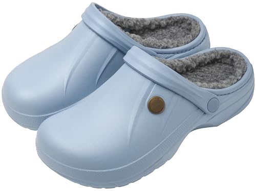 ChayChax Damen Clogs Gefüttert Herren Winter Hausschuhe Wasserdicht Warme Pantoffeln Plüsch Pantoletten rutschfeste Outdoor Winterschuhe, Blau/Grau, 37/38 EU von ChayChax