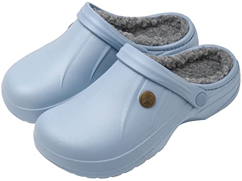 ChayChax Damen Clogs Gefüttert Herren Winter Hausschuhe Wasserdicht Warme Pantoffeln Plüsch Pantoletten rutschfeste Outdoor Winterschuhe, Blau/Grau, 43/44 EU = Hersteller 44/45 von ChayChax