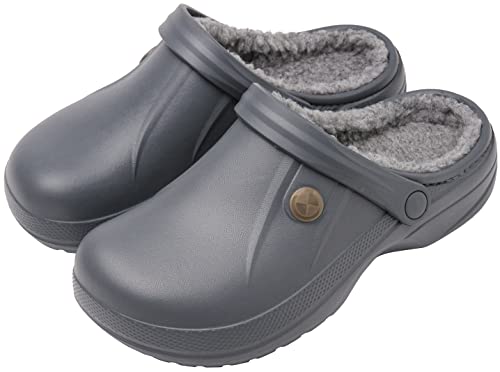 ChayChax Damen Clogs Gefüttert Herren Winter Hausschuhe Wasserdicht Warme Pantoffeln Plüsch Pantoletten rutschfeste Outdoor Winterschuhe, Grau/Grau, 42/43 EU von ChayChax