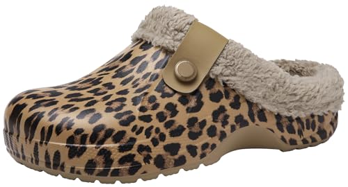 ChayChax Damen Clogs Gefüttert Herren Winter Hausschuhe Wasserdicht Warme Pantoffeln Plüsch Pantoletten rutschfeste Outdoor Winterschuhe, Leopard, 40/41 EU von ChayChax