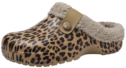 ChayChax Damen Clogs Gefüttert Herren Winter Hausschuhe Wasserdicht Warme Pantoffeln Plüsch Pantoletten rutschfeste Outdoor Winterschuhe, Leopard, 43/44 EU = Hersteller 44/45 von ChayChax