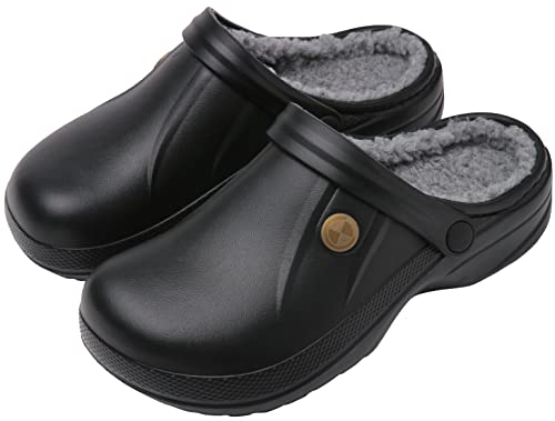 ChayChax Damen Clogs Gefüttert Herren Winter Hausschuhe Wasserdicht Warme Pantoffeln Plüsch Pantoletten rutschfeste Outdoor Winterschuhe, Schwarz/Grau, 39/40 EU von ChayChax