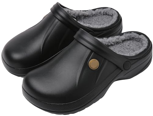 ChayChax Damen Clogs Gefüttert Herren Winter Hausschuhe Wasserdicht Warme Pantoffeln Plüsch Pantoletten Rutschfeste Outdoor Winterschuhe, Schwarz/Grau, 40/41 EU von ChayChax