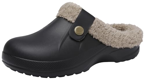 ChayChax Damen Clogs Gefüttert Herren Winter Hausschuhe Wasserdicht Warme Pantoffeln Plüsch Pantoletten rutschfeste Outdoor Winterschuhe, Schwarz 1, 35/36 EU von ChayChax