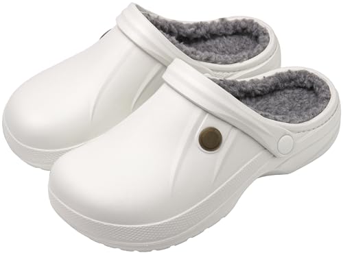 ChayChax Damen Clogs Gefüttert Herren Winter Hausschuhe Wasserdicht Warme Pantoffeln Plüsch Pantoletten rutschfeste Outdoor Winterschuhe, Weiß/Grau, 37/38 EU von ChayChax