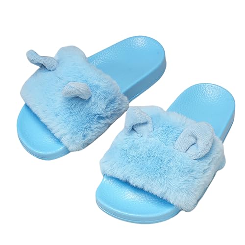 ChayChax Hausschuhe Mädchen Plüsch Pantoffeln Offene Zeh Flauschige Kunstfell Schlappen Kuschelige Slides für Drinnen und Draußen,Blau,34EU von ChayChax