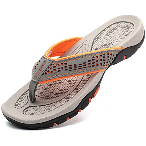 ChayChax Herren Zehentrenner Flip Flops Outdoor Sport Strand Sandalen Sommer Hausschuhe Badelatschen mit Rutschfest Gummisohle,Grau Orange,46 EU von ChayChax