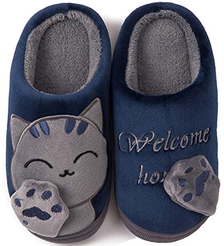 ChayChax Nette Winter Baumwolle Hausschuhe Warme Plüsch Pantoffeln Schlappen Weiche rutschfeste Indoor Hause Slipper mit Cartoon Katze für Herren Damen Kinder, Blau, 27/28 EU =Hersteller 28/29 von ChayChax