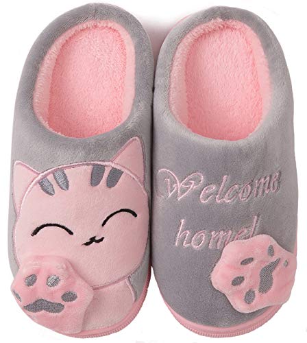 ChayChax Nette Winter Baumwolle Hausschuhe Warme Plüsch Pantoffeln Schlappen Weiche rutschfeste Indoor Hause Slipper mit Cartoon Katze für Herren Damen Kinder, Grau Pink, 27/28 EU =Hersteller 28/29 von ChayChax