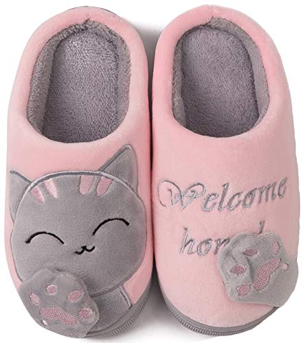 ChayChax Nette Winter Baumwolle Hausschuhe Warme Plüsch Pantoffeln Schlappen Weiche rutschfeste Indoor Hause Slipper mit Cartoon Katze für Herren Damen Kinder, Pink Grau, 35/36 EU=Hersteller 36/37 von ChayChax