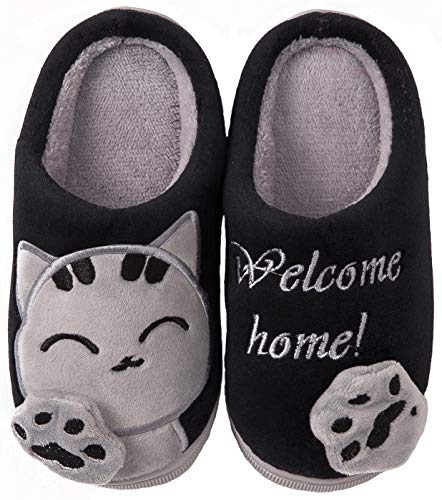 ChayChax Nette Winter Baumwolle Hausschuhe Warme Plüsch Pantoffeln Schlappen Weiche rutschfeste Indoor Hause Slipper mit Cartoon Katze für Herren Damen Kinder, Schwarz, 25/26 EU = Hersteller 26/27 von ChayChax