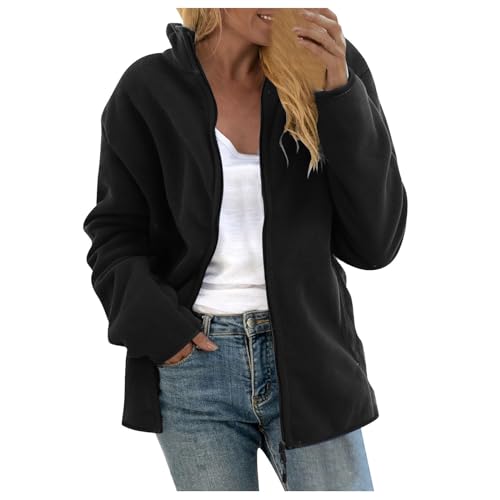 Chdirnely Damen Fleecejacke UK Langarm Cardigan Oversized Warmer Mantel Leichte Warme Jacke Full Zip Mäntel Stehkragen Sweatshirt Jacke Übergröße, Schwarz , 48 von Chdirnely