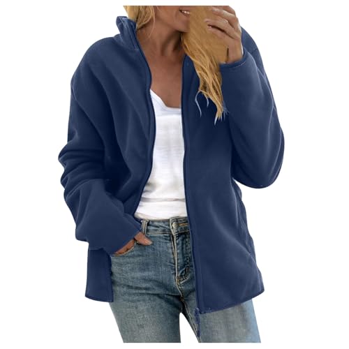 Chdirnely Damen Fleecejacke UK Langarm Cardigan Oversized Warmer Mantel Leichte Warme Jacke Full Zip Mäntel Stehkragen Sweatshirt Jacke Übergröße, blau, 42 von Chdirnely