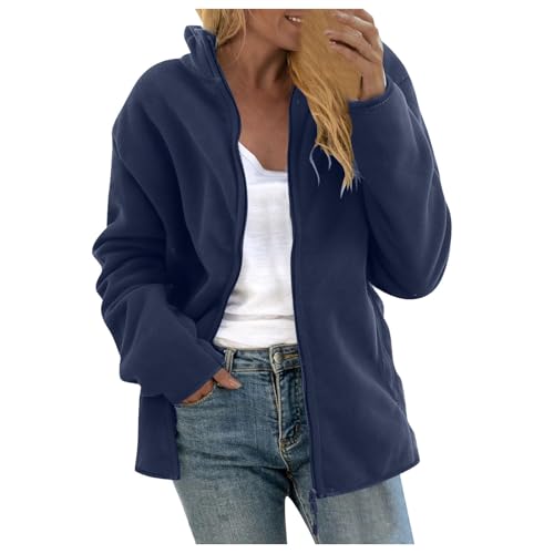 Chdirnely Damen Fleecejacke UK Langarm Cardigan Oversized Warmer Mantel Leichte Warme Jacke Full Zip Mäntel Stehkragen Sweatshirt Jacke Übergröße, dunkelblau, 54 von Chdirnely