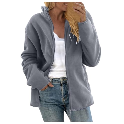Chdirnely Damen Fleecejacke UK Langarm Cardigan Oversized Warmer Mantel Leichte Warme Jacke Full Zip Mäntel Stehkragen Sweatshirt Jacke Übergröße, grau, 48 von Chdirnely