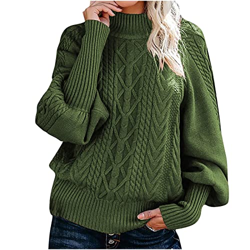 Chdirnely Damen Winter Pullover Sweater Bluse Top Damen High Neck Strickpullover Langarm Strick Tunika Tops Übergröße Strickwaren für Winter Alltag, A1army Green, XL von Chdirnely