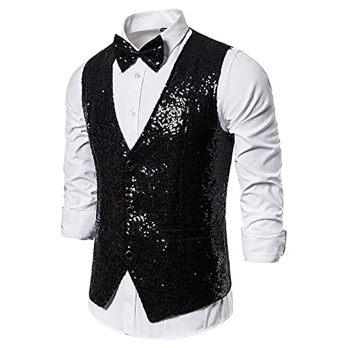 Chdirnely Herren Weste Pailletten Jacken für Männer Glitzer Weste Pailletten Kleid Anzug Weste V Ausschnitt Sparkly Weste für Party Club Urlaub Halloween, Schwarz , M von Chdirnely