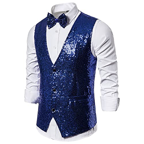 Chdirnely Herren Weste Pailletten Jacken für Männer Glitzer Weste Pailletten Kleid Anzug Weste V Ausschnitt Sparkly Weste für Party Club Urlaub Halloween, blau, XL von Chdirnely