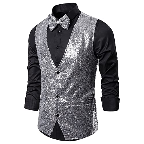 Chdirnely Herren Weste Pailletten Jacken für Männer Glitzer Weste Pailletten Kleid Anzug Weste V Ausschnitt Sparkly Weste für Party Club Urlaub Halloween, silber, XXL von Chdirnely
