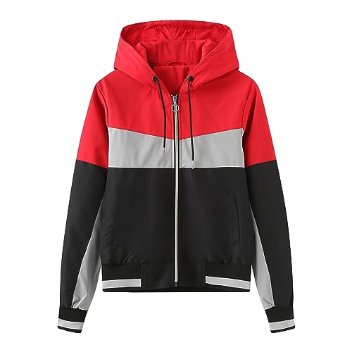 Chdirnely Regenjacke Frauen Mit Kapuze Trenchcoat Langarm Cardigan Windbreaker Regenmäntel Outdoor Laufjacke Winddicht Lose Mantel Overcoats Oberbekleidung, rot, 42 von Chdirnely