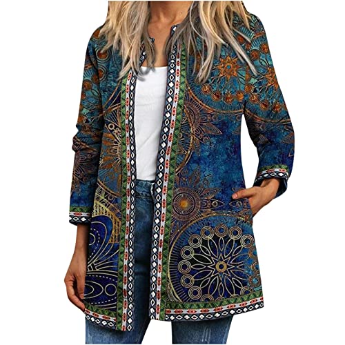 Damen Ethno Jacke Rundhals Full Sleeve Cardigan Vintage Print Leichter Mantel Frauen Elegant Lange Mäntel Halloween Weihnachten Party Outwear UK Größe, blau, 50 von Chdirnely