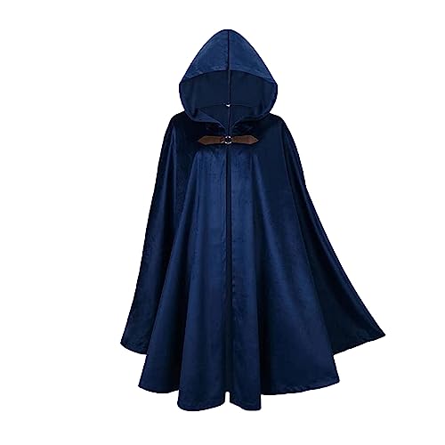 Damen Mittelalter Kapuzenumhang Kapuzenumhang mit Knopf Langer Umhang Retro Kleidung Cosplay Vintage Mittelalter Gothic Umhang Halloween Party Umhang Übergröße, blau, L von Chdirnely