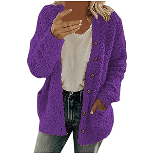 Damenmäntel Fleecejacke Clearance Langarm Damen Strickjacken Plus Size Leichte Herbst Winter Warme Mäntel Lose Übergroße Mantel Outwear Täglich Tragen, A2 Violett, 48 von Chdirnely