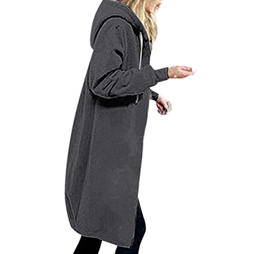 Winterjacken für Frauen UK Langer Mantel Übergröße Hoodie Knielang Reißverschluss Sweatshirts mit Taschen Casual Langarm Oberbekleidung Damen Strickjacke Trenchcoat, A3#dunkelgrau, 48 von Chdirnely
