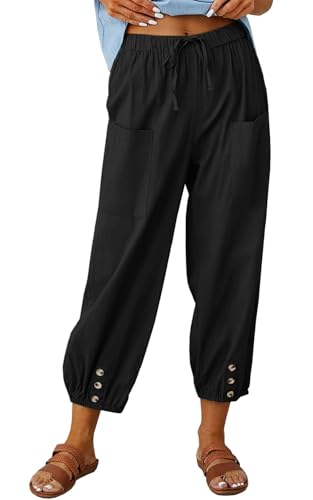 CheChury 7/8 Hose Damen Leinen Sommer Musselin Hosen Leicht Baumwolle Leinenhose Casual Locker Stoffhose Einfarbig Freizeithose Palazzo Hose Lounge Strandhose Hohe Taille Sommerhose,Schwarz,M von CheChury