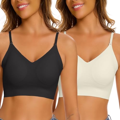 CheChury BH Damen Ohne Bügel BH mit Niedrigem Rücken Frauen Rückenfreier BH Push Up V Ausschnitt BH Multiway Trägern Wandelbarer BH Ohne Buegel Seamless BH Klassische Nahtloser Bralette,Schwarz+BeigeL von CheChury