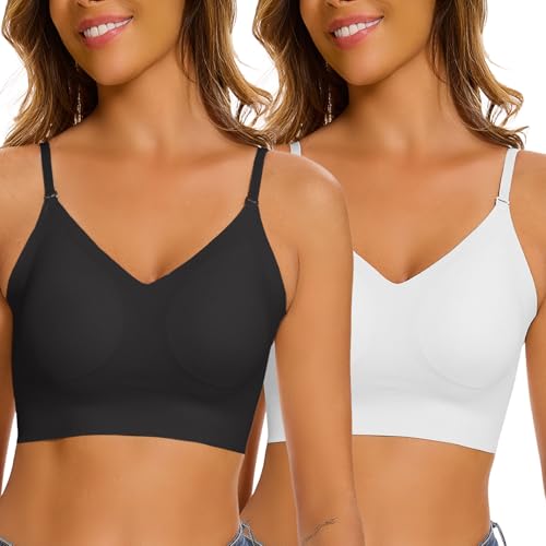 CheChury BH Damen Ohne Bügel BH mit Niedrigem Rücken Frauen Rückenfreier BH Push Up V Ausschnitt BH Multiway Trägern Wandelbarer BH Ohne Buegel Seamless BH Klassische Nahtloser Bralette,Schwarz+Weiß,M von CheChury