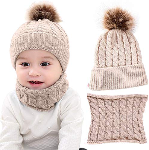 CheChury Baby Kinder Winter Warm Gestrickter Mütze Schal Sets Winterschal Warme Schlupfmütze Winter Hat Schlauchschal Set Slouchy 0-36 Monate,Beige,OneSize von CheChury