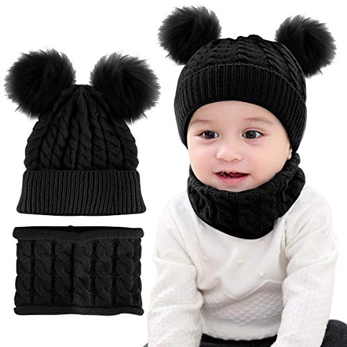 CheChury Baby Kinder Winter Warm Gestrickter Mütze Schal Sets Winterschal Warme Schlupfmütze Winter Hat Schlauchschal Set Slouchy 0-36 Monate,Schwarz,OneSize von CheChury