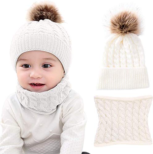 CheChury Baby Kinder Winter Warm Gestrickter Mütze Schal Sets Winterschal Warme Schlupfmütze Winter Hat Schlauchschal Set Slouchy 0-36 Monate,Weiß,OneSize von CheChury