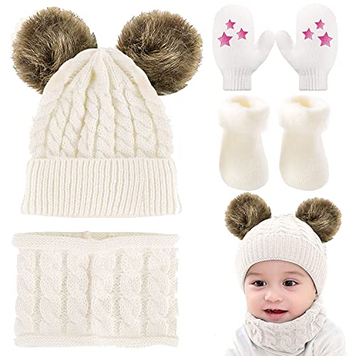 CheChury Baby Wintermütze Schal Handschuhe Socken Flausch Baumwolle Set Mädchen Jungen Fellbommel Beanie Hüte Winter Strickmütze Schal Unisex Baby Socken Antirutsch Warmer Herbst Winter,Weiß von CheChury