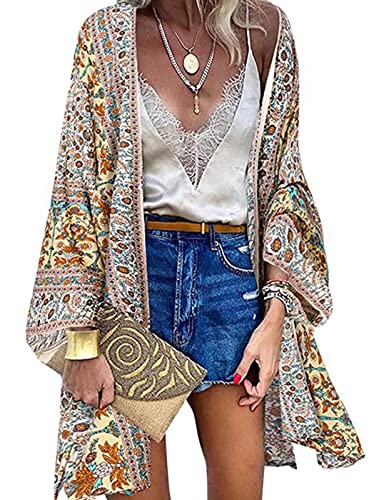 CheChury Badeanzug Cover Up Damen Blumendruck Kimono Poncho Sommer Strand Strickjacke Boho Strandkleid Ethnischer Strandtunika Damen Sommer Chiffon Cardigan Langes Bikini Coverups Sommerjacke,BeigeM von CheChury