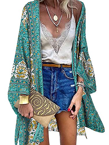 CheChury Badeanzug Cover Up Damen Blumendruck Kimono Poncho Sommer Strand Strickjacke Boho Strandkleid Ethnischer Strandtunika Damen Sommer Chiffon Cardigan Langes Bikini Coverups Sommerjacke,GrünL von CheChury