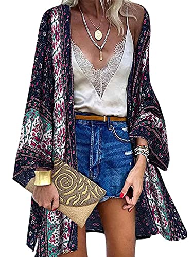 CheChury Badeanzug Cover Up Damen Blumendruck Kimono Poncho Sommer Strand Strickjacke Boho Strandkleid Ethnischer Strandtunika Damen Sommer Chiffon Cardigan Langes Bikini Coverups Sommerjacke,MarineL von CheChury