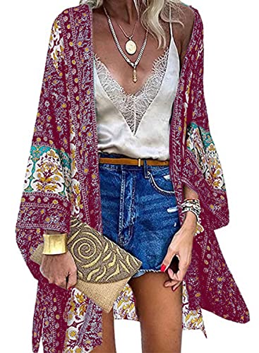 CheChury Badeanzug Cover Up Damen Blumendruck Kimono Poncho Sommer Strand Strickjacke Boho Strandkleid Ethnischer Strandtunika Damen Sommer Chiffon Cardigan Langes Bikini Coverups Sommerjacke,RotL von CheChury