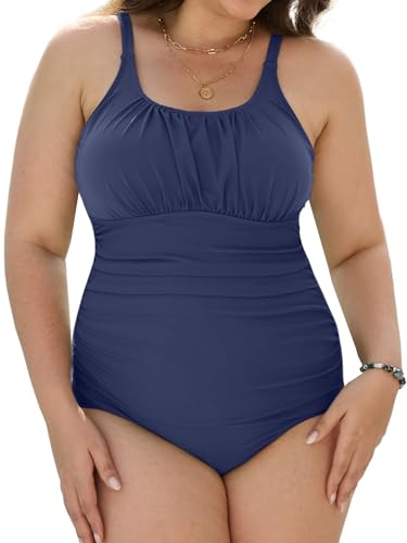CheChury Badeanzug Damen Bauchweg Große Größen Einteiliger Bauchweg Bauchkontrolle Shape Bademode Plus Size Große Badebekleidung U Ausschnitt Strandmode Rüschen Verstellbarer Bademode Swimsuit L-4XL von CheChury
