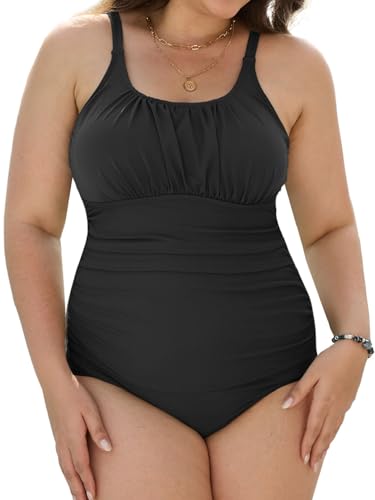 CheChury Badeanzug Damen Große Größen Einteiliger Badeanzug Bauchweg Raffung Damen Push up Bademode Bauchweg Badeanzüge für Damen Große Größe Monokinis Swimsuit High Waist Schwimmanzug Schwarz L von CheChury