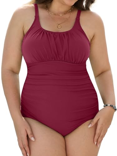 CheChury Badeanzug Damen Große Größen Einteiliger Badeanzug Bauchweg Raffung Damen Push up Bademode Bauchweg Badeanzüge für Damen Große Größe Monokinis Swimsuit High Waist Schwimmanzug Weinrot XL von CheChury