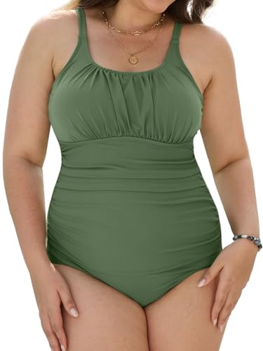 CheChury Badeanzug Damen Große Größen Einteiliger Badeanzug Bauchweg Raffung Damen Push up Bademode Bauchweg Badeanzüge für Damen Große Größe Ruched Monokinis Swimsuit High Waist Schwimmanzug Grün L von CheChury