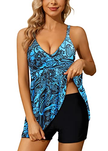 CheChury Badeanzug Tankini Damen Bauchweg Volant Zweiteilig Bademode Push up Badeanzug Oberteil mit Shorts Bikini Set Sport Strand Sommer Oberteile Rock Badeshorts Set Badekleid Tankinis Frauen von CheChury